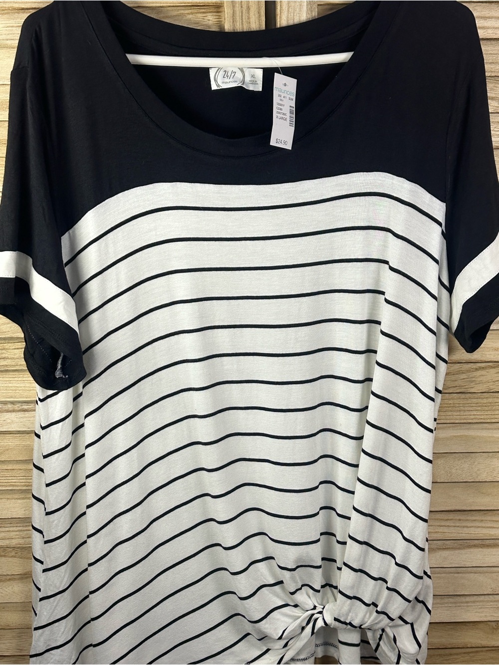 Maurices Black & White Striped Short Sleeve Knot Tee